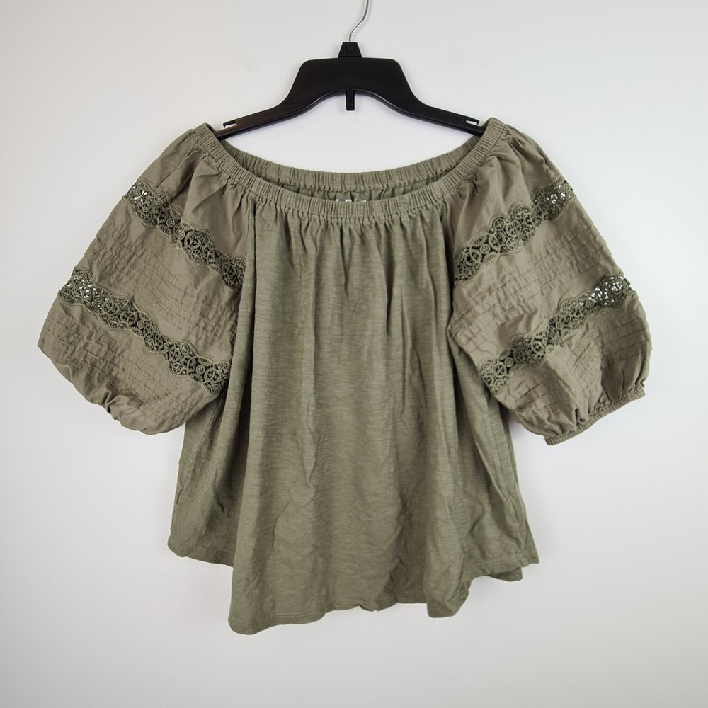 LOFT Women Olive Green Off the Shoulder Crochet Lace Puff Sleeve Boho Top Small